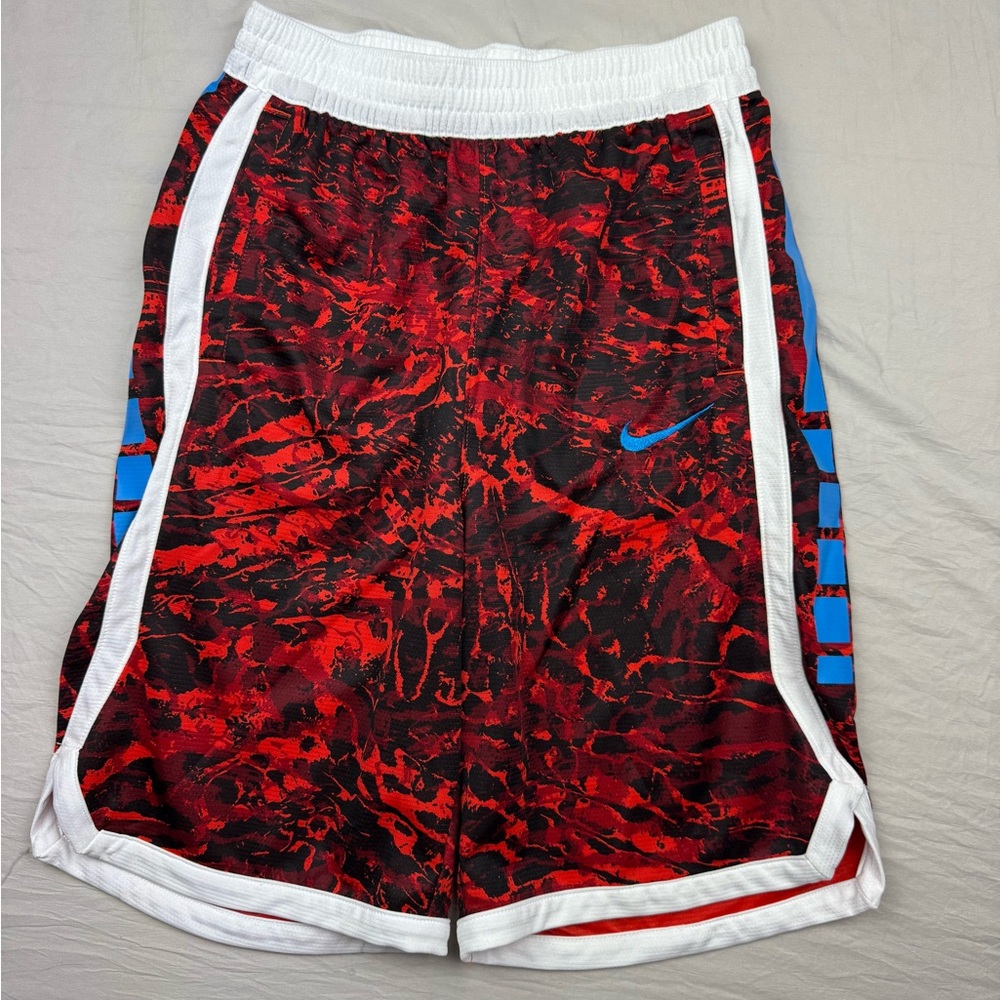 Nike kids Red Marble Athletic Shorts with Blue Logo and White Trim